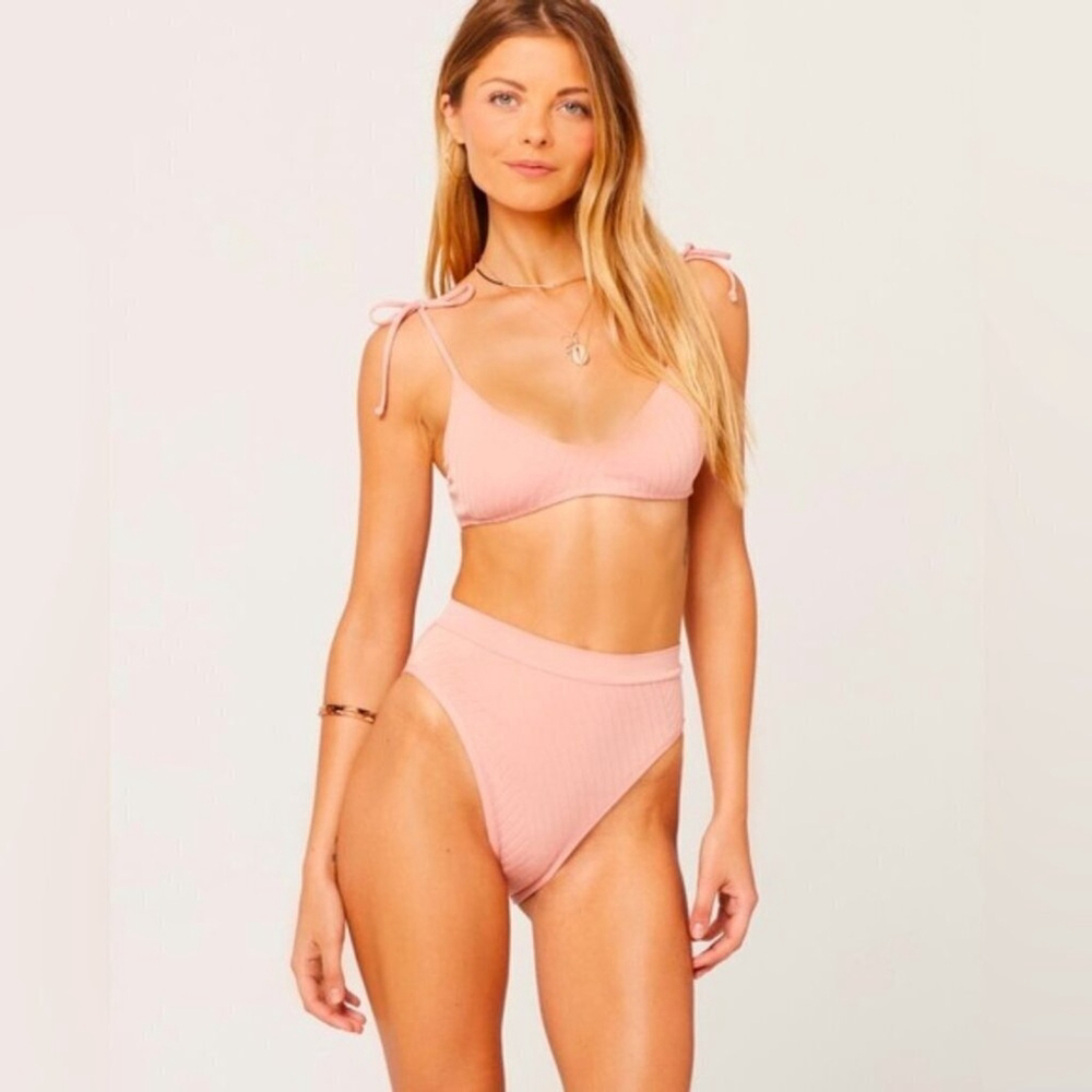 NWOT L*SPACE Ribbed Frenchi High Waist High Leg Cut bikini Bottom Mauve brown S